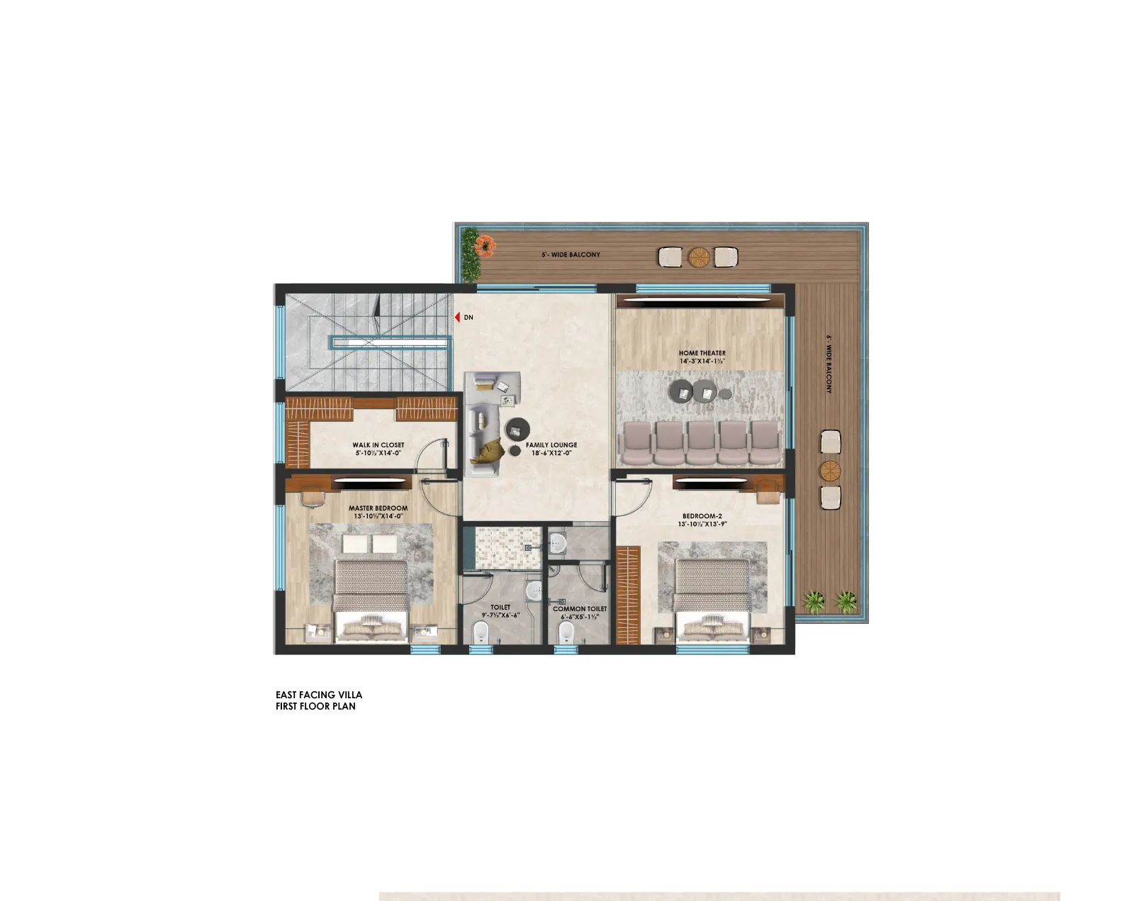 East-facing farm house - 3D first floor plan