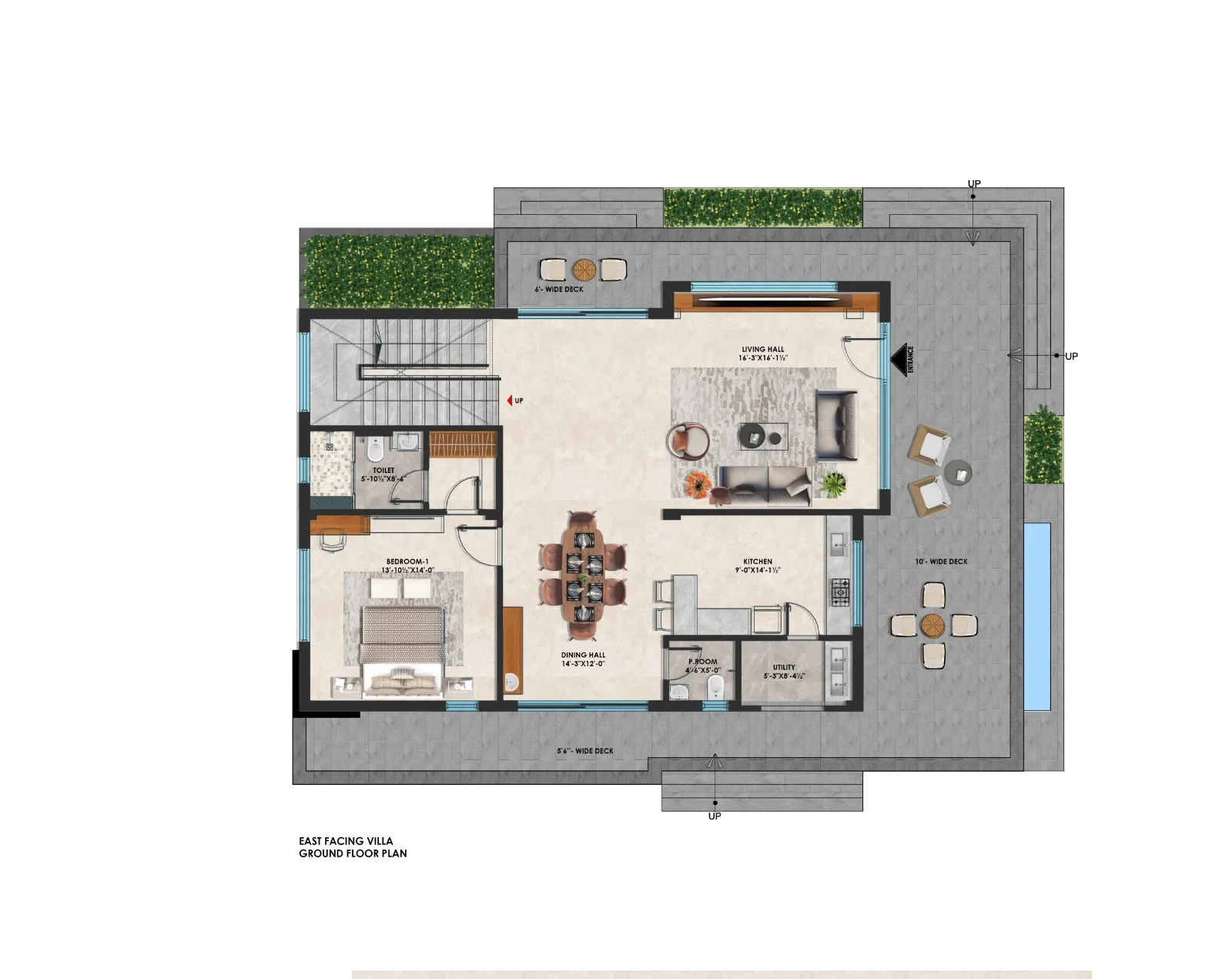 East-facing farm house - 3D ground floor plan