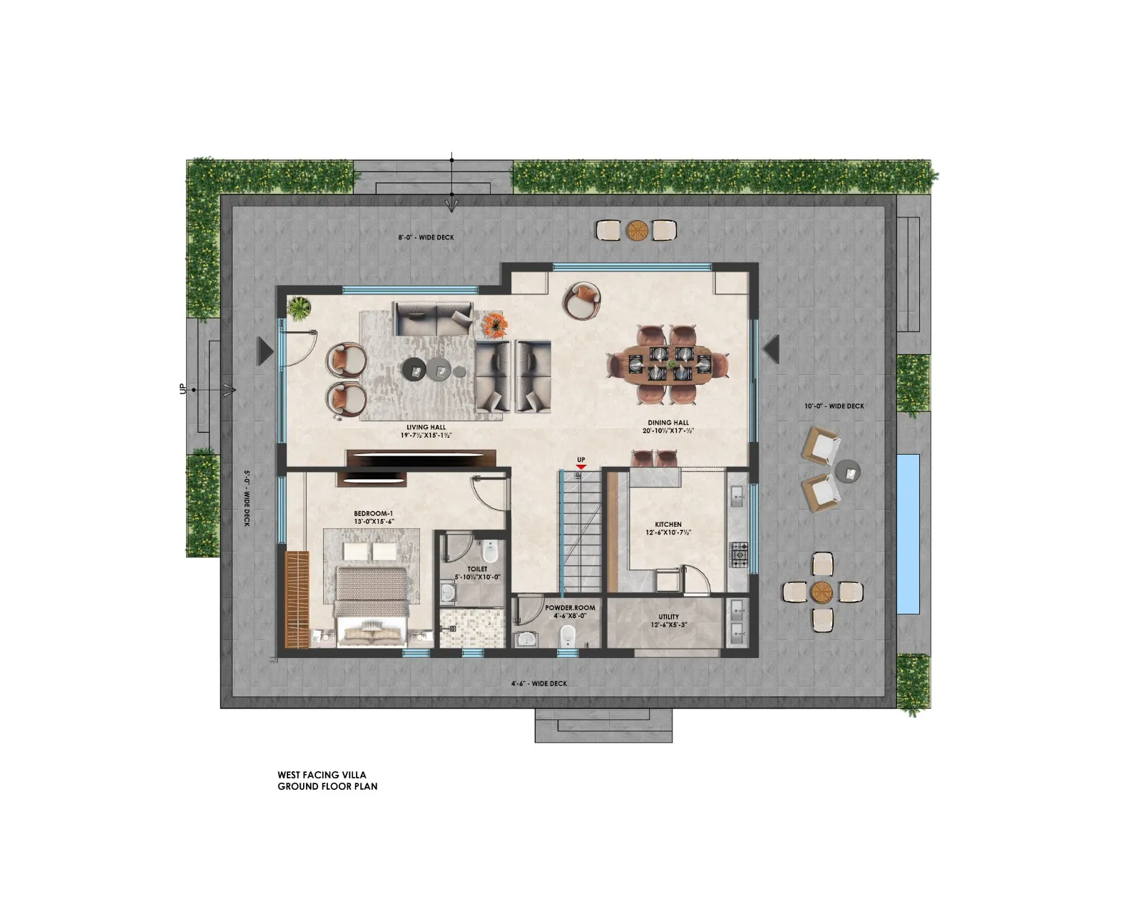 West-facing farm house - 3D ground floor plan
