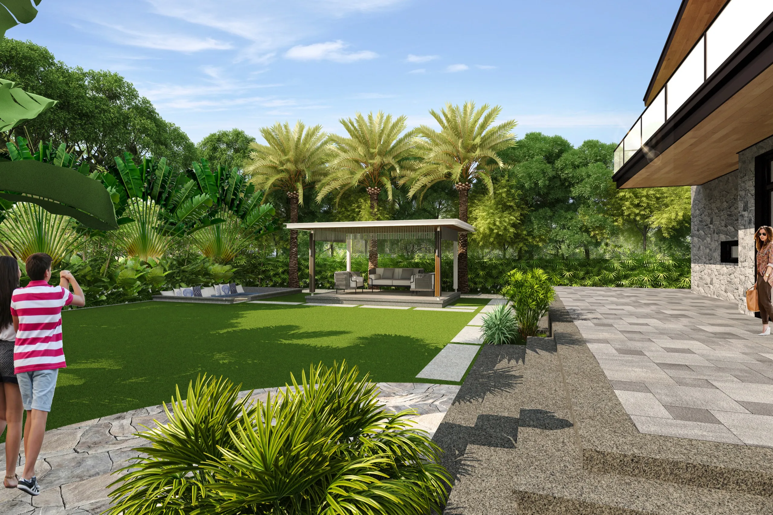 Pergola seating within mature planting, shown as an artistic impression