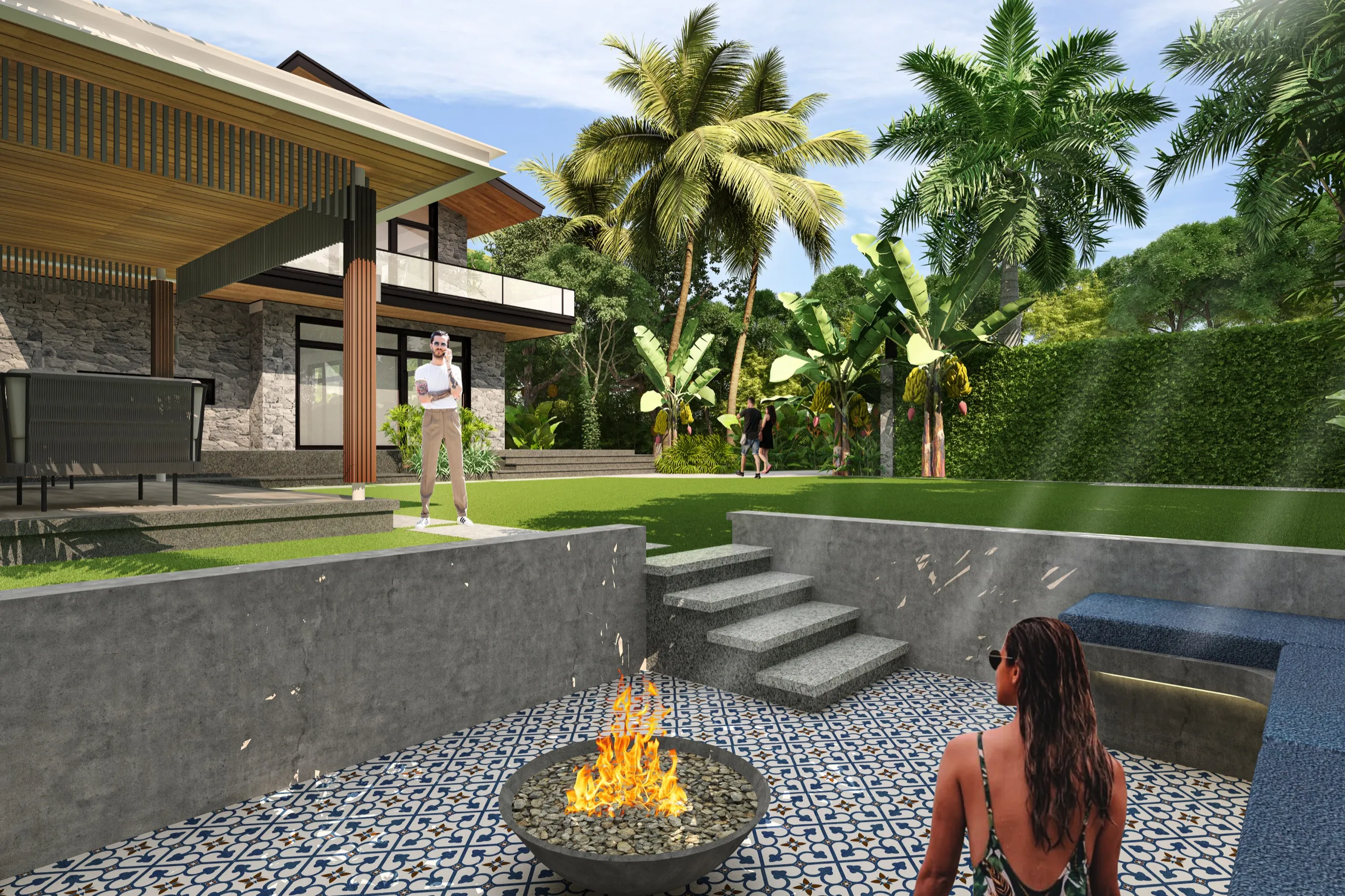 Sunken fire-pit seating - artistic impression